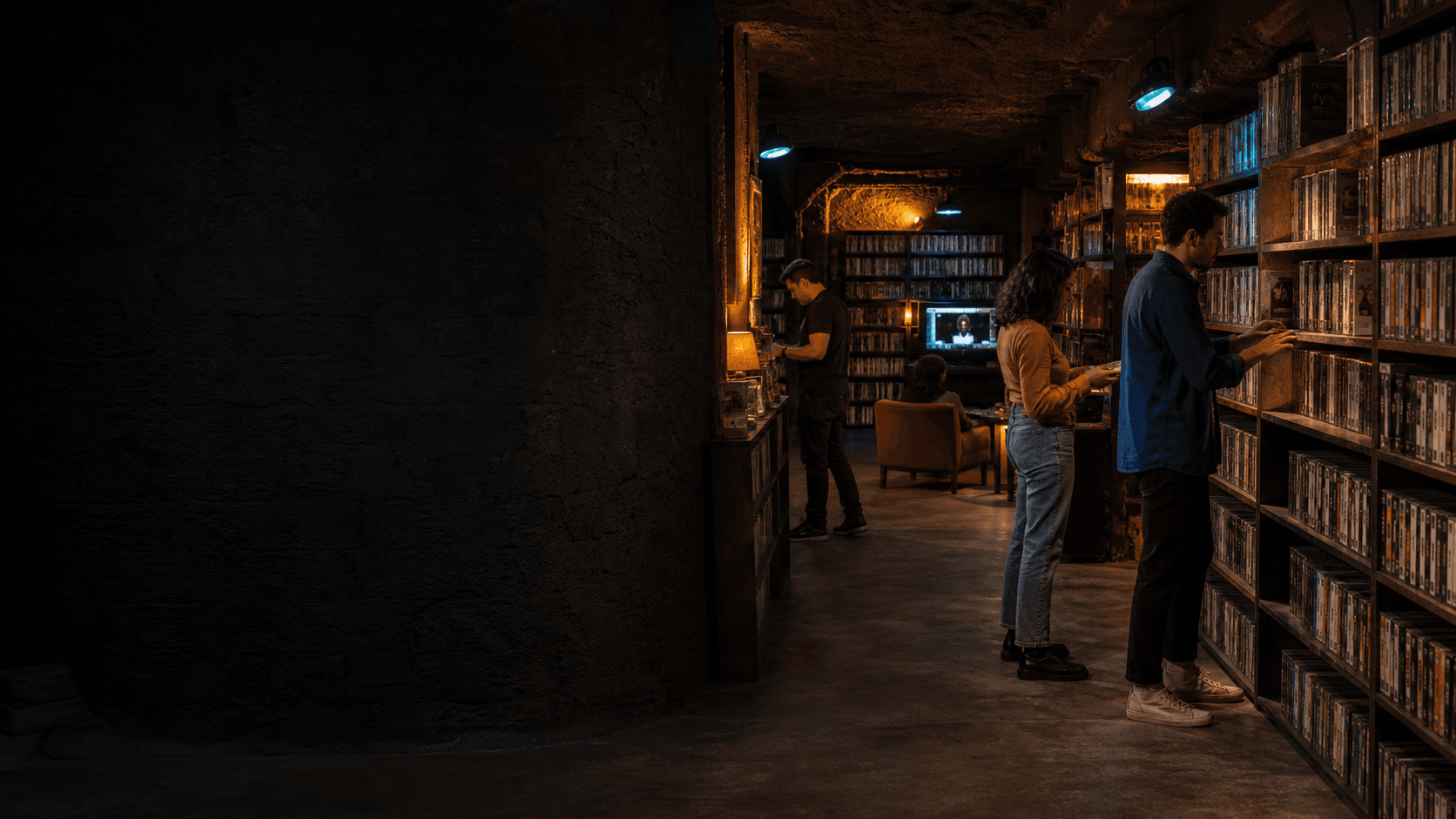 Personas explorando una videoteca local con estanterías iluminadas